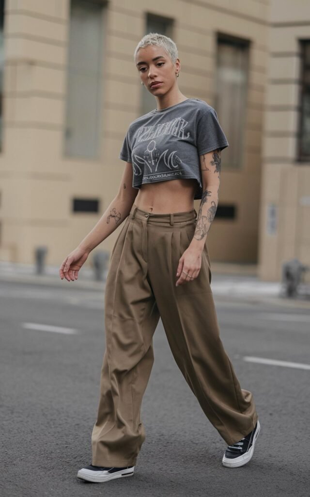 A natural-looking young woman wearing tailored trousers styled with a cropped graphic tee and sneakers. Theme tomboy outfits