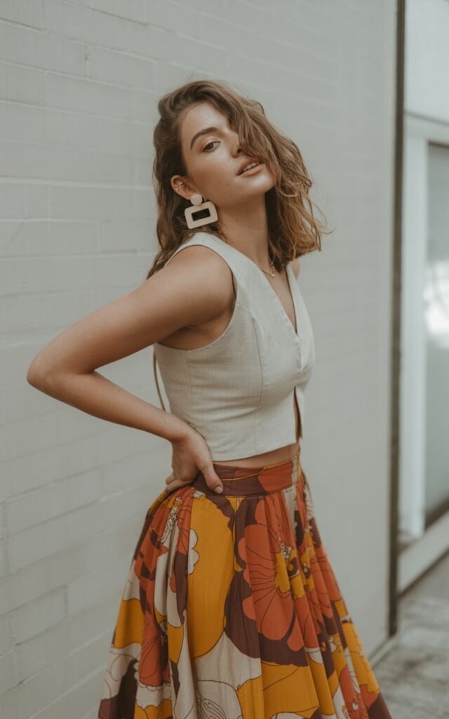 A natural-looking young woman wearing vintage prints paired with modern silhouettes. Theme quirky fashion