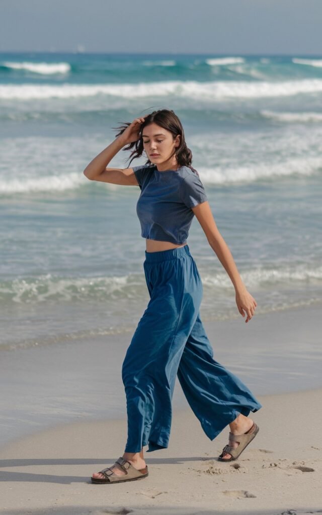 A natural-looking young woman wearing wide-leg beach pants with a cropped tee. Theme beach outfits