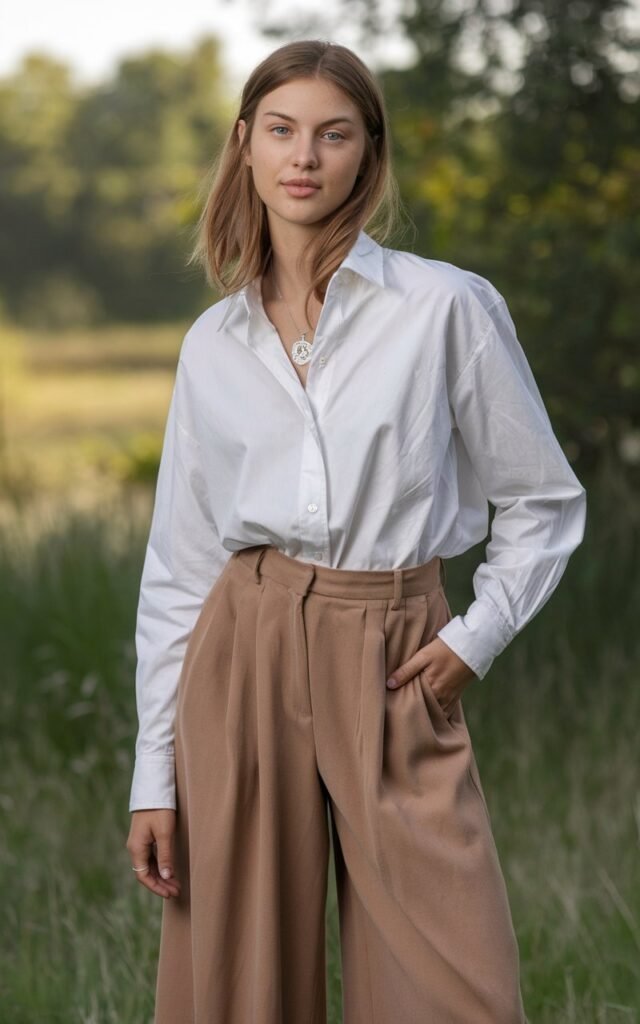 A natural-looking young woman wearing wide-leg brown pants paired with a crisp white button-down shirt, styled in a polished yet relaxed way. Theme brown pants outfit for women