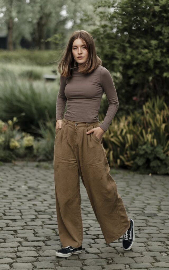 A natural-looking young woman wearing wide-leg pants balanced with a fitted long-sleeve top and sneakers. Theme tomboy outfits
