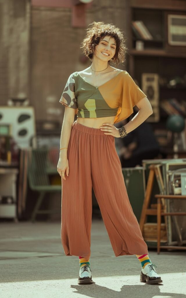 A natural-looking young woman wearing wide-leg pants paired with a cropped quirky top. Theme quirky fashion