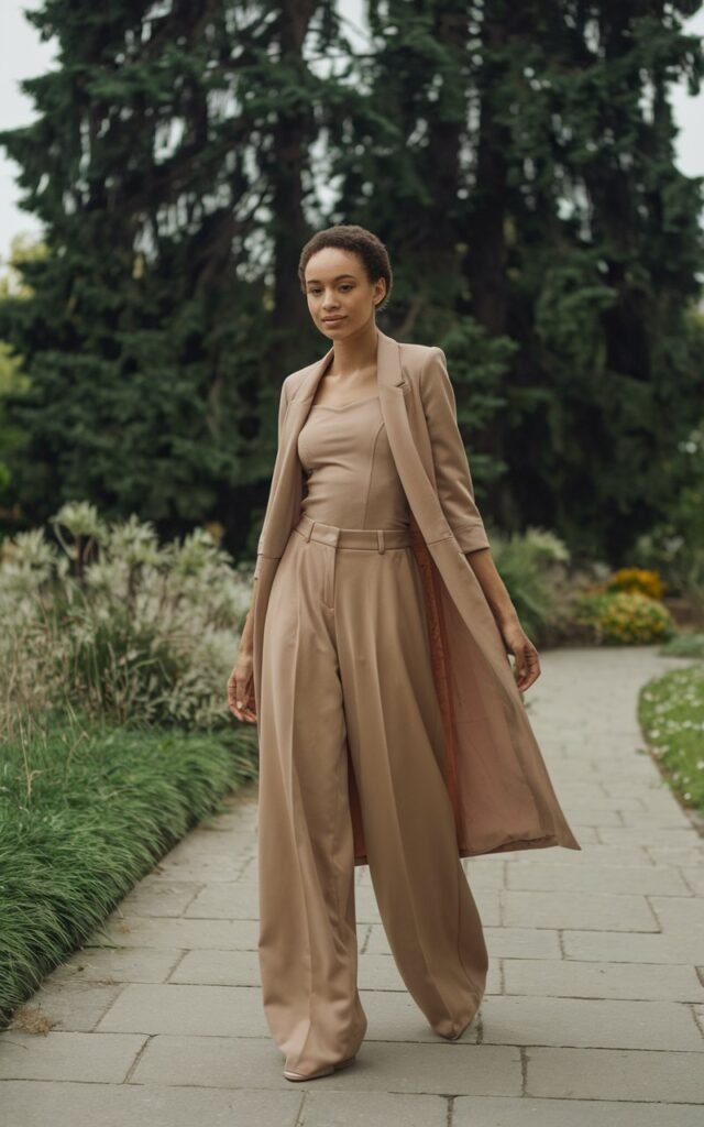 A natural-looking young woman wearing wide-leg pants styled with a slim-fit top. Theme fashion inspo outfits