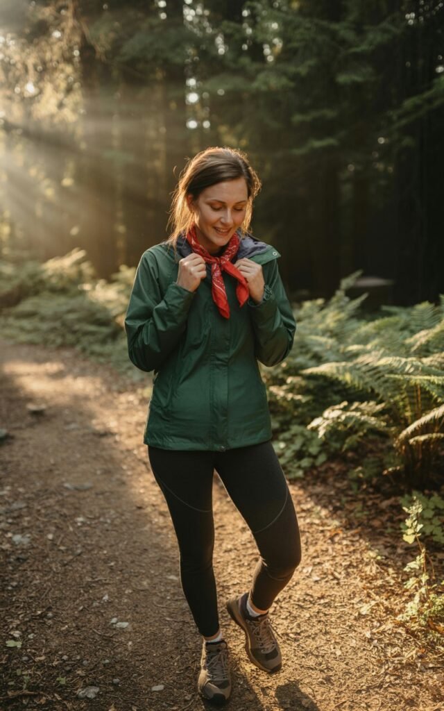 Full-body image of a white-skinned female wearing a green hiking jacket, black leggings, trail shoes, and a bright red bandana around her neck. Standing on a sunlit forest trail, tying the scarf, smiling softly. Light filters through tree canopy, warm shadows. Realistic skin texture, natural posing, editorial candid photography style.