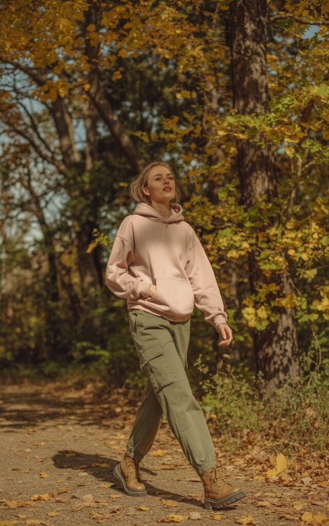 Full-body image of a white-skinned model wearing a beige hoodie, olive cargo joggers, and sturdy boots. Walking along a dirt trail, one hand in pocket, casual expression. Autumn forest surroundings with golden leaves. Natural sunlight hitting her face and body. Candid editorial style, realistic posing, 50mm lens.