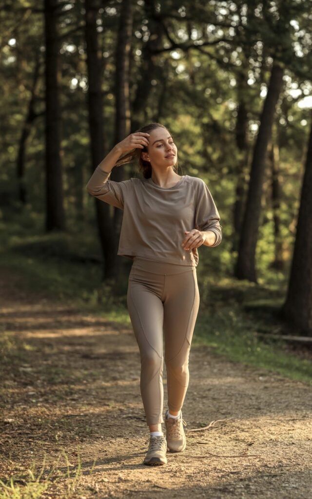 Full-body image of a white-skinned woman wearing matching taupe long sleeve top and leggings, beige hiking shoes. Walking along a shaded forest trail, one hand brushing hair back, relaxed expression. Trees and sunlight create soft dappled lighting. Natural skin texture, realistic editorial photography, 50mm lens.