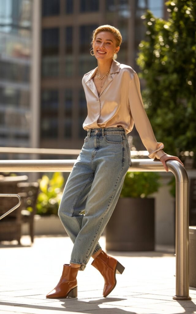 Full-body of a white-skinned model in a champagne silk blouse tucked into faded mom jeans, brown ankle boots, delicate gold necklace. She stands on a sunlit urban patio, leaning on a railing, smiling softly at the camera. Realistic natural light, editorial depth of field, candid fashion vibe.