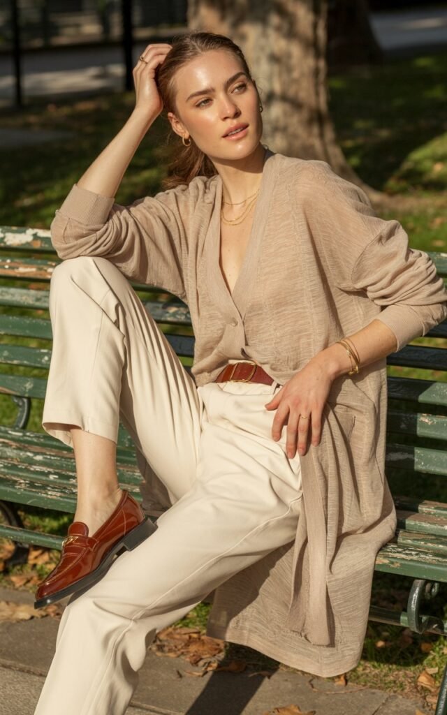 Full-body of a white-skinned model wearing a beige oversized cardigan belted at the waist over cream fitted trousers, loafers, and minimal jewelry. She stands near a park bench adjusting her hair. Soft afternoon sunlight, natural textures, relaxed editorial pose.