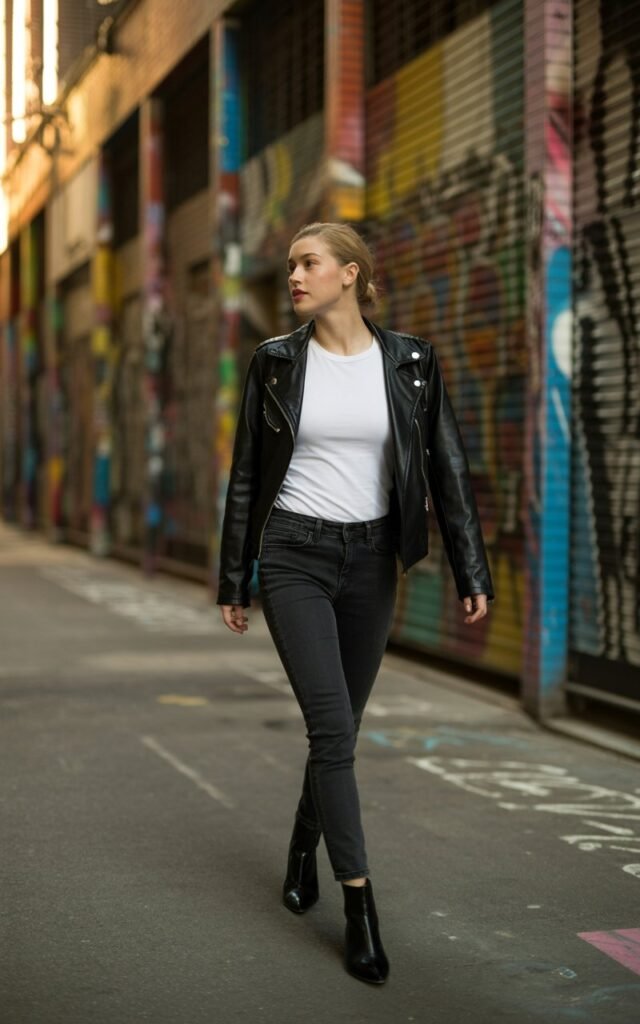 Full-body of a white-skinned model wearing a black leather jacket over a white fitted tee, skinny jeans, and black boots. She walks along a graffiti wall alleyway, looking over her shoulder, relaxed expression. Early evening urban light, candid editorial style, realistic skin and fabric textures.