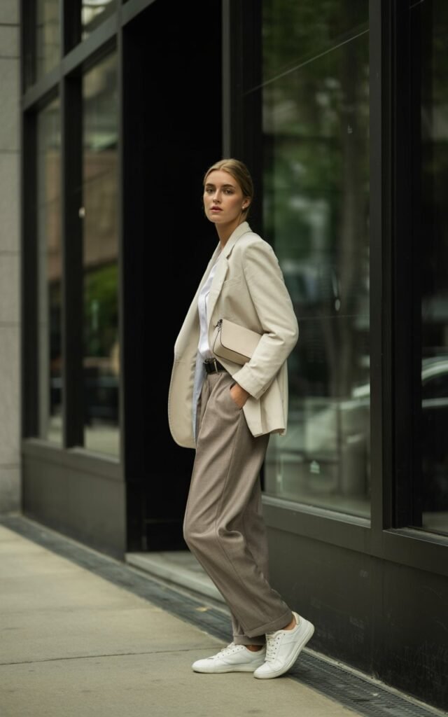 Full-body of a white-skinned model wearing a cream blazer with matching tailored trousers, white sneakers, small shoulder bag. She stands outside a modern café, hands in pockets, looking casually to the side. Soft daylight, realistic editorial color grading, subtle fabric textures, natural expression.