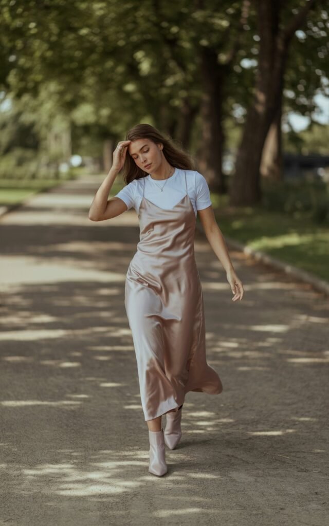 Full-body of a white-skinned model wearing a light pink satin slip dress layered over a white tee, paired with low ankle boots. She strolls along a leafy park pathway, hands brushing her hair, looking relaxed. Natural daylight, shallow depth of field, editorial candid style.