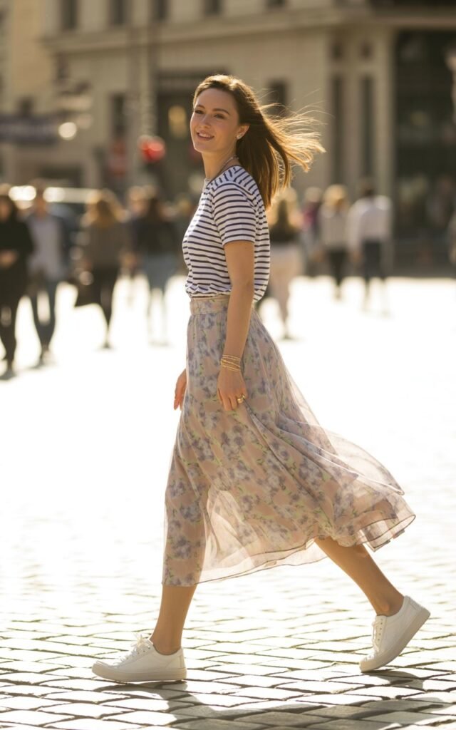 Full-body of a white-skinned model wearing a navy striped tee tucked into a pastel floral midi skirt, white sneakers, minimal jewelry. She walks along a city square, mid-step, hair slightly flowing, soft smile. Morning sunlight, candid editorial photography style.