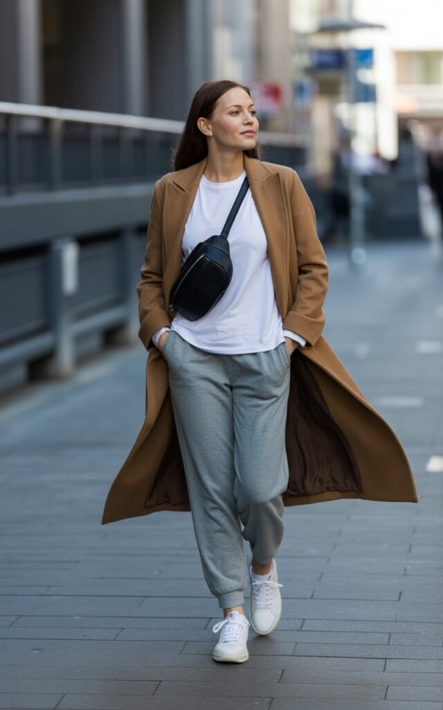 Full-body of a white-skinned woman wearing a tan long vest over a white tee dress, ankle boots, minimal accessories. She stands on a tree-lined pathway, hands lightly holding the vest, looking relaxed. Morning sunlight, soft editorial depth of field, realistic skin and hair textures.