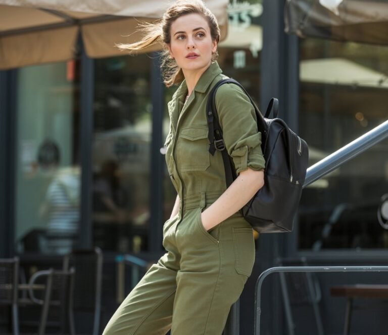 Full-body of a white-skinned woman in an olive green utility jumpsuit, bright neon sneakers, small backpack. She leans against a stair railing outside a café, hands in pockets, looking off-camera. Natural daylight, editorial candid style, realistic textures and shadows.