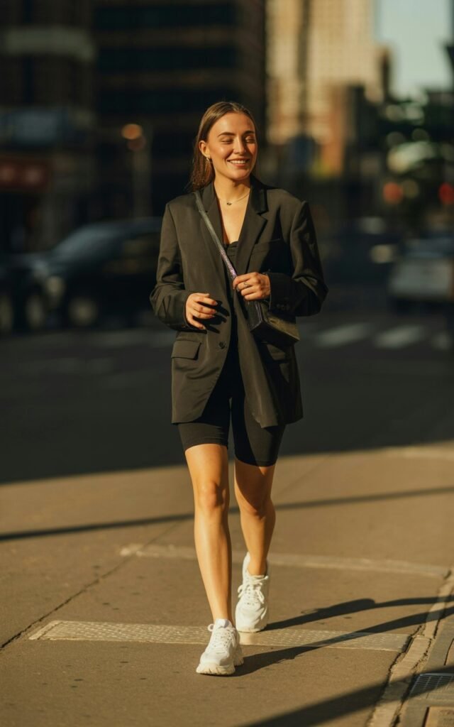 Full-body of a white-skinned woman in an oversized black blazer over black biker shorts, white chunky sneakers, small crossbody bag. She walks along an urban street, hands swinging naturally, relaxed smile. Golden hour sunlight, realistic editorial photography, natural shadows and textures.