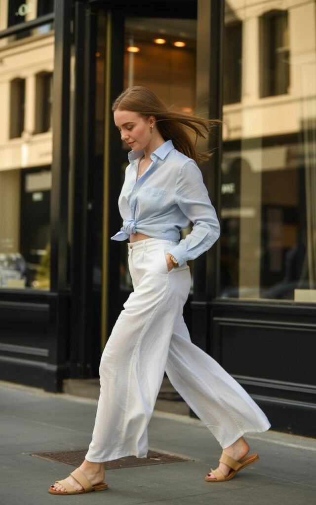 Full-body of a white-skinned woman wearing a light blue button-down tied at the waist, white wide-leg linen pants, tan sandals. She walks past a boutique, mid-step, looking down with a soft smile. Realistic city sunlight, natural editorial style, movement in fabric and hair.
