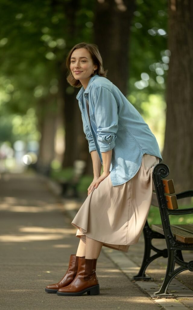 Full-body of a white-skinned woman wearing a light blue denim shirt unbuttoned over a beige midi dress with brown ankle boots. She stands on a park bench walkway, leaning slightly, smiling softly. Soft natural light, editorial depth of field, realistic textures.