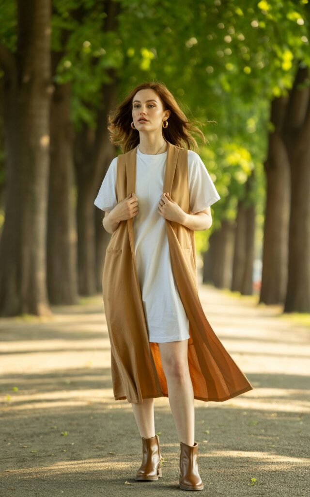 Full-body of a white-skinned woman wearing a tan long vest over a white tee dress, ankle boots, minimal accessories. She stands on a tree-lined pathway, hands lightly holding the vest, looking relaxed. Morning sunlight, soft editorial depth of field, realistic skin and hair textures.
