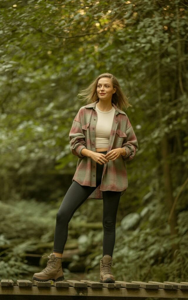 Full-body realistic image of a white-skinned female wearing a soft oversized flannel shirt over a fitted base layer, black leggings, and hiking boots. Standing on a wooden bridge in a forest, rolling up sleeves, soft smile. Natural sunlight filters through trees. Hair movement visible, editorial natural style, soft depth of field.