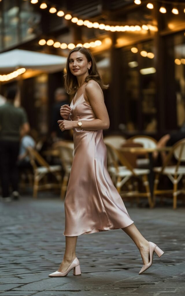 Full-body realistic model in blush pink satin midi dress with block heels and minimal jewelry. Evening street café with warm string lights and cobblestone pavement. Soft warm lighting for romantic evening mood. Model walking lightly, looking to the side with gentle smile. Shot in candid editorial style, 35mm lens, natural shadows, subtle depth of field.