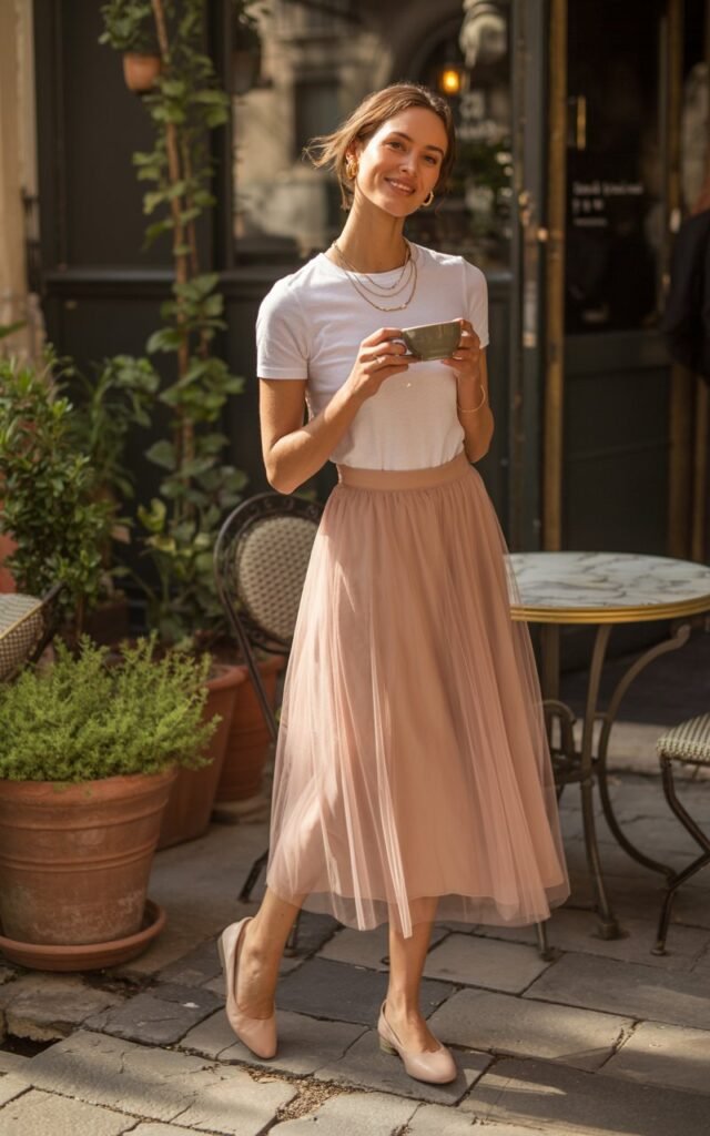 Full-body realistic model in blush pink tulle midi skirt, fitted white top, nude flats, and dainty jewelry. Quaint café courtyard with potted plants. Soft morning light. Model standing, holding cup, gentle smile. Editorial photography, 50mm lens, realistic color grading and shadows.