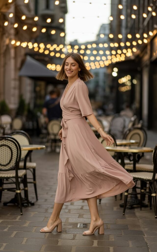 Full-body realistic model in blush pink wrap dress, nude block heels, and minimalist jewelry. Romantic evening street with string lights and bistro tables. Warm evening glow, soft shadows. Model standing, gently twirling dress, subtle smile. Candid editorial style, 35mm lens, natural shadows and depth.