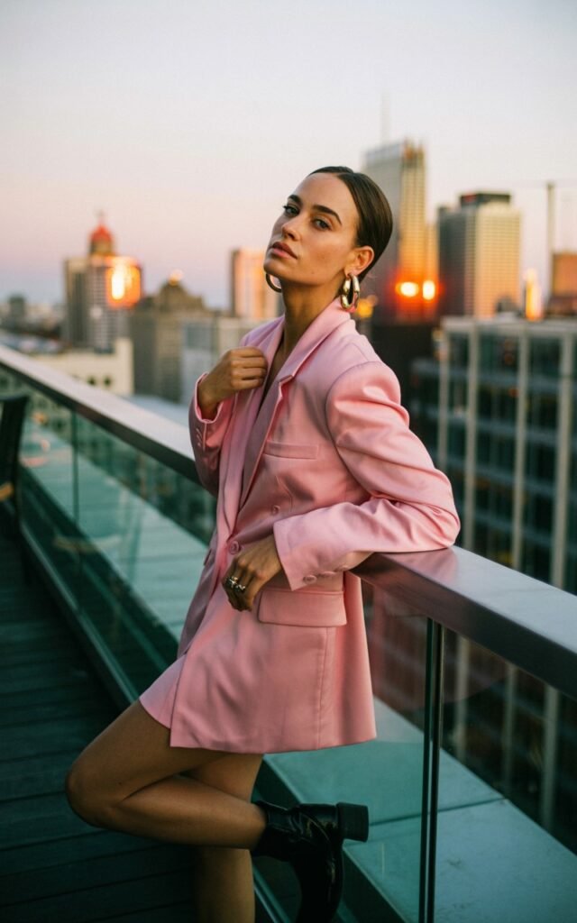Full-body realistic model in pastel pink blazer dress, black ankle boots, and gold hoops. Urban rooftop bar during sunset. Warm orange-pink lighting reflecting off city buildings. Model leaning on railing, adjusting blazer collar, confident expression. Candid editorial photography, 35mm lens, soft shadows.