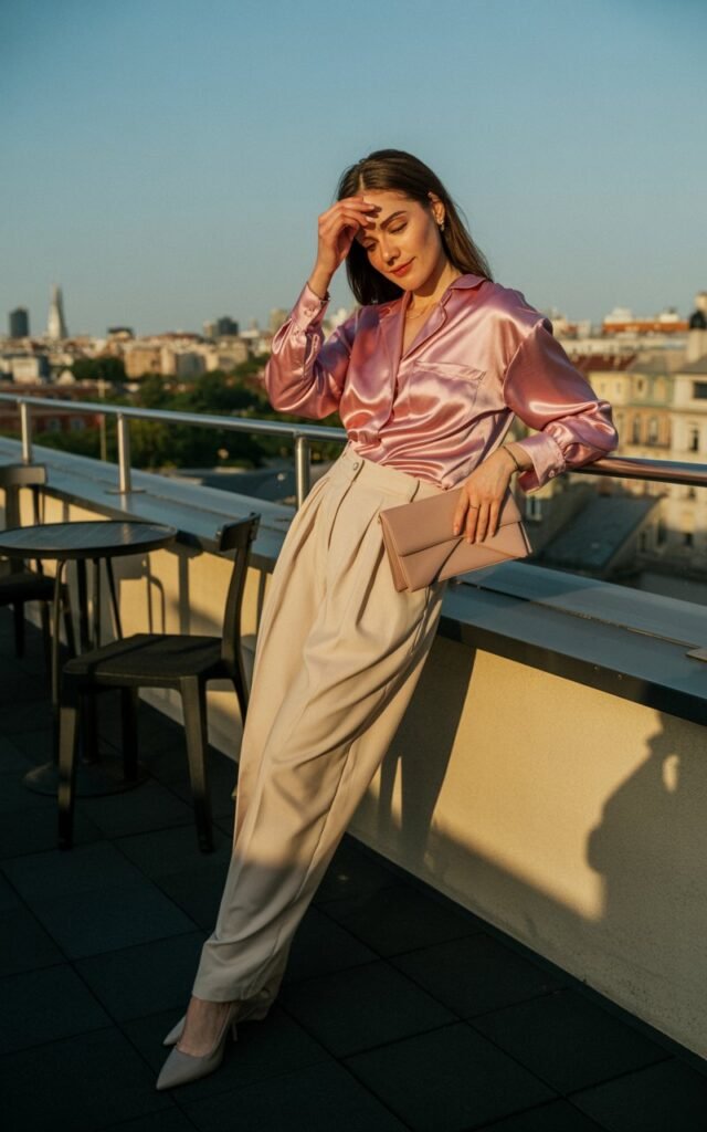 Full-body realistic model wearing a soft pink oversized cardigan over a beige jumpsuit, loafers, and a tote bag. Outdoor weekend market scene with stalls and casual pedestrian background. Morning sunlight with gentle shadows. Model walking, glancing down at market items with a relaxed expression. Editorial street-style photography, 50mm lens, natural color grading.