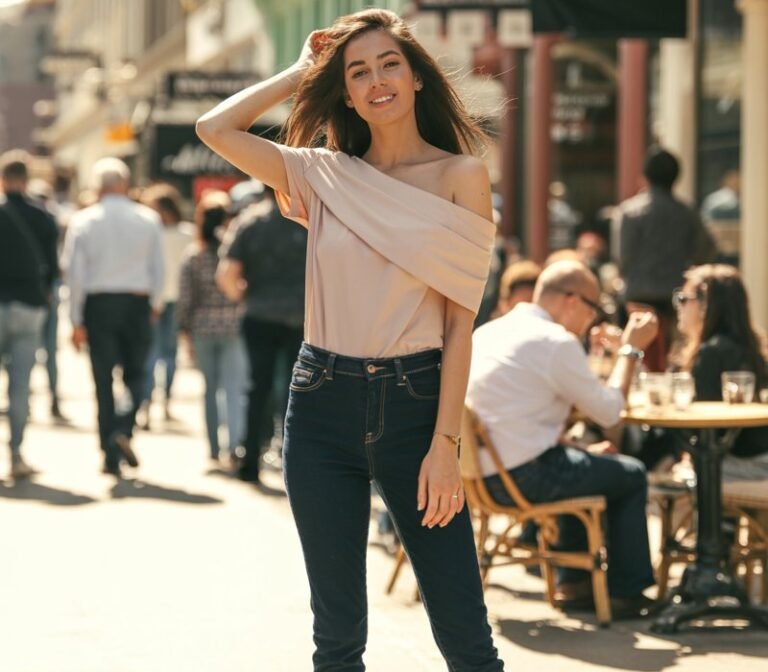 Full-body realistic model in soft pink off-shoulder top, dark skinny jeans, neutral heels. Downtown pedestrian street with cafés. Afternoon sunlight. Model standing, adjusting hair, smiling naturally. Editorial street-style photography, 50mm lens, realistic textures.