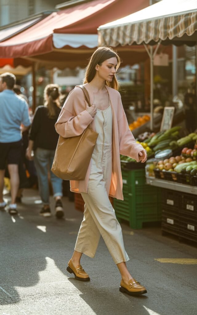 Full-body realistic model wearing a soft pink oversized cardigan over a beige jumpsuit, loafers, and a tote bag. Outdoor weekend market scene with stalls and casual pedestrian background. Morning sunlight with gentle shadows. Model walking, glancing down at market items with a relaxed expression. Editorial street-style photography, 50mm lens, natural color grading.