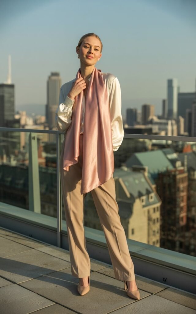 Full-body realistic model wearing cream blouse, beige trousers, nude heels, and pink satin scarf. Rooftop terrace with city skyline in evening. Warm golden light. Model standing, adjusting scarf, gentle smile. Editorial photography, 50mm lens, soft shadows.