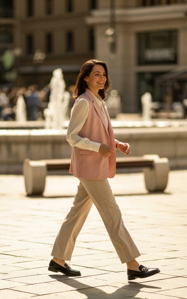 Full-body realistic model wearing light pink tailored vest, white blouse, beige trousers, loafers. Urban plaza with fountains and benches. Morning sunlight. Model walking lightly, looking sideways, confident smile. Candid editorial photography, 35mm lens, natural depth of field.