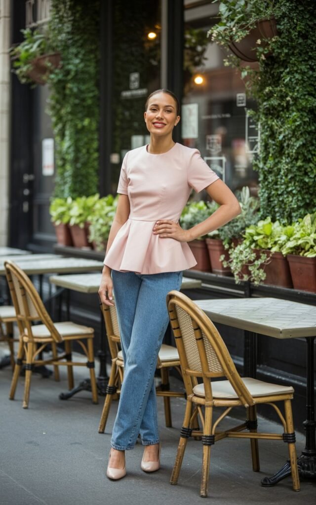 Full-body realistic model wearing pastel pink peplum top, high-rise blue jeans, flats. Street café background with greenery. Soft midday sunlight. Model standing, hand on hip, smiling. Editorial style, 50mm lens, realistic lighting.