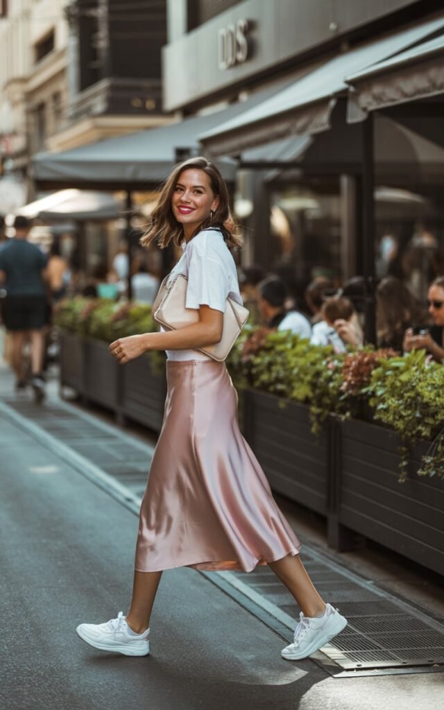 Full-body realistic model wearing satin pink slip skirt, casual white graphic tee, white sneakers, and crossbody bag. Downtown pedestrian street with café tables and urban greenery. Midday natural sunlight with soft shadows. Model walking, looking back over shoulder with playful smile. Editorial candid photography, 50mm lens, soft depth of field.