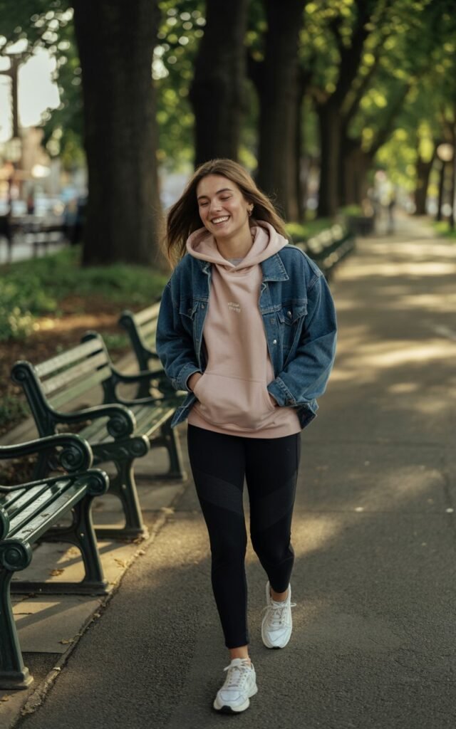 Full-body realistic model wearing soft pink hoodie, classic blue denim jacket, black leggings, and sneakers. Urban park pathway with trees and benches. Morning light filtering through trees. Model walking casually, hands in pockets, relaxed expression. Candid editorial style, 35mm lens, natural texture and color.