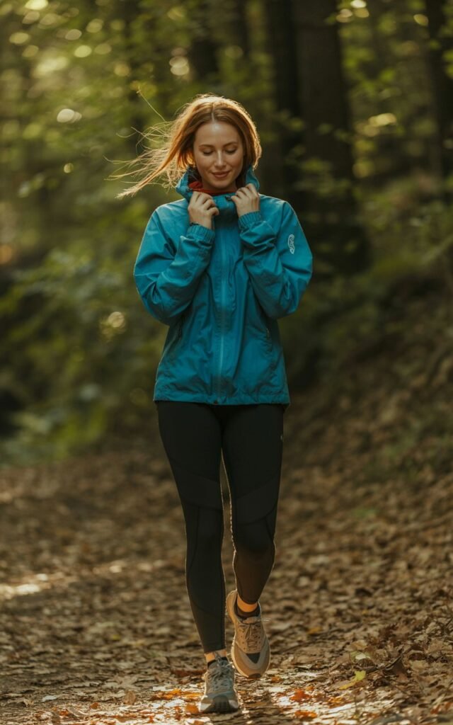 Full-body realistic shot of a white-skinned female model with symmetrical features wearing a bright windbreaker, black leggings, and trail sneakers. Standing mid-hike on a leafy forest path, adjusting her hood with a soft smile. Sunlight filtering through the trees, casting natural shadows. Realistic hair highlights blowing slightly in the breeze. Shot on a 50mm lens, editorial candid style, soft depth of field, natural color grading.