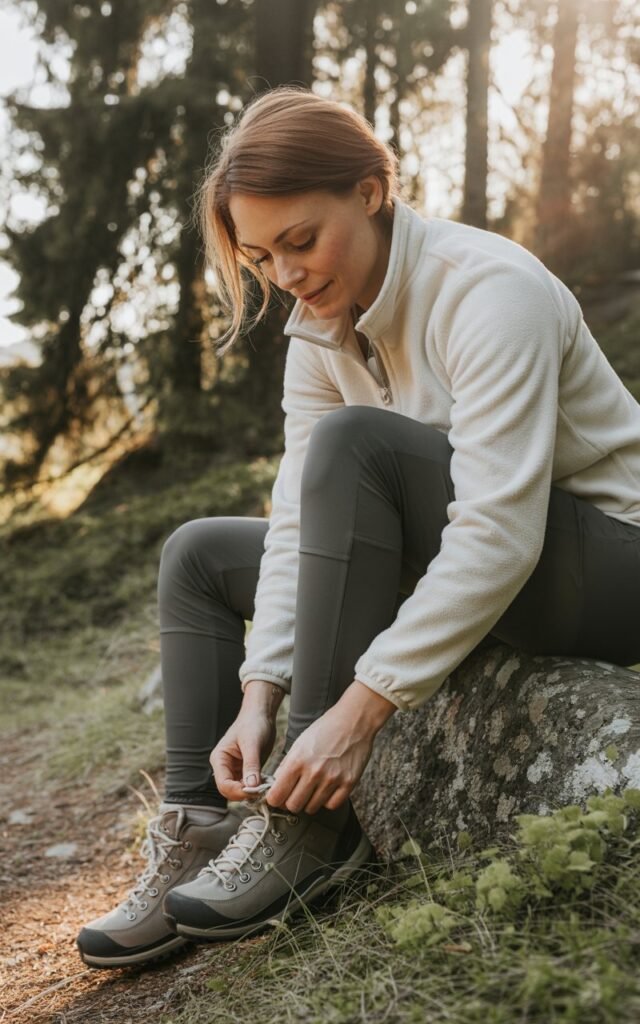 Full-body realistic view of a white-skinned woman wearing a cream fleece pullover, dark gray slim hiking pants, and hiking boots. Sitting on a moss-covered rock beside a trail, tying her boots, soft expression. Dappled morning light from surrounding pine trees. Natural hair movement, healthy skin texture visible. Editorial-style, 35mm lens, soft focus on background.