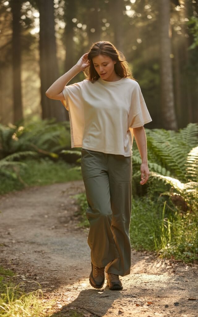 Full-body realistic view of a white-skinned woman wearing a cream thermal top and olive wide-leg hiking pants, brown boots. Walking along a forest path, one hand adjusting hair, relaxed natural expression. Soft morning sunlight filtering through trees. Realistic proportions, natural skin details, editorial photography.