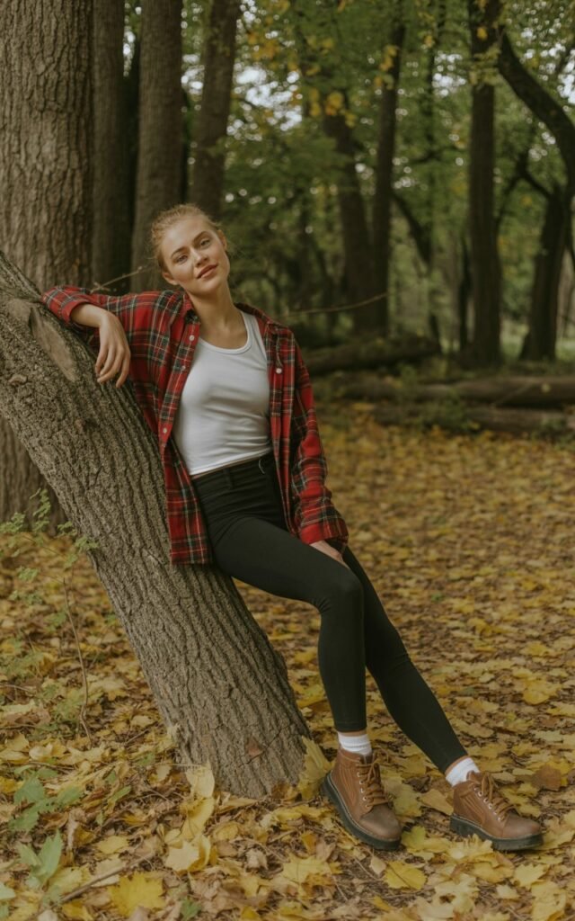 Full-body shot of a white-skinned female wearing a red plaid flannel over a white tank top, black leggings, and hiking boots. Leaning casually on a tree trunk, looking at camera with soft smile. Background of dense forest and fallen leaves. Soft natural light, realistic skin texture, editorial style photography.