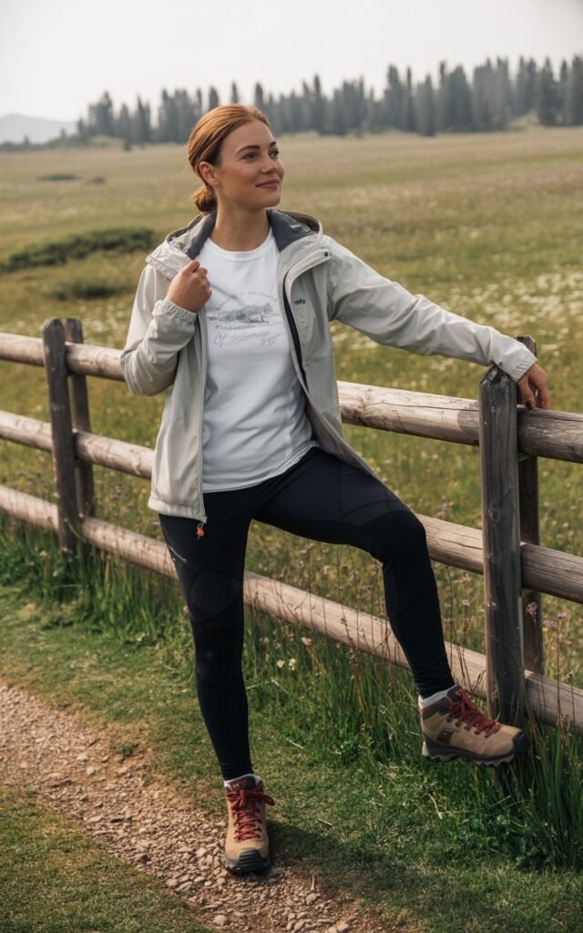 Full-body shot of a white-skinned female wearing a white graphic tee under a light gray soft shell jacket, black leggings, and hiking boots. Leaning against a wooden fence along a trail, adjusting jacket zipper, relaxed look. Background of open meadow and distant trees, late morning light. Soft depth of field, realistic skin texture, editorial photography.