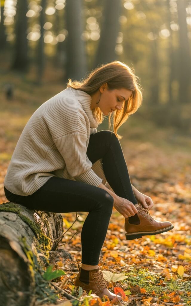 Full-body shot of a white-skinned woman in a chunky knit sweater, black stretchy hiking tights, and ankle boots. Sitting on a fallen log, leaning slightly forward adjusting shoes. Autumn leaves on the forest floor, warm morning light. Realistic skin texture, natural posing, soft focus on background.