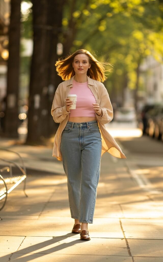 Full-body shot of a white-skinned woman wearing a beige long-sleeve top under a pastel cropped tee, paired with high-waisted jeans and loafers. She walks down a tree-lined city sidewalk with coffee in hand. Golden hour lighting, natural shadows, relaxed editorial pose, slight motion in hair, realistic skin.