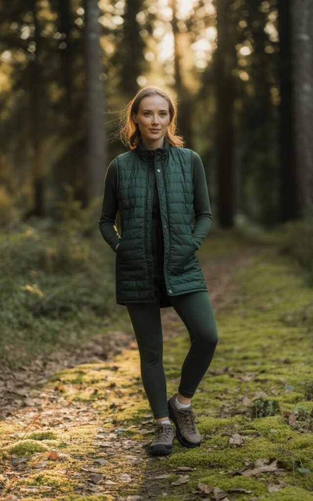 Full-body shot of a white-skinned woman wearing a dark green quilted vest, black fitted leggings, and trail shoes. Standing on a mossy trail, hands in vest pockets, smiling softly. Forest environment with light streaming through trees. Soft focus background, realistic skin and hair texture, editorial natural photography.