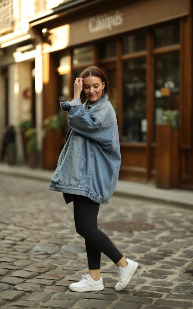 Full-body shot of a white-skinned woman with sharp features, wearing an oversized light-blue denim jacket over black fitted leggings and white sneakers. She stands on a cobblestone street outside a café, adjusting her hair, smiling softly. Natural morning light, candid editorial style, shallow depth of field, realistic textures on fabric and skin.