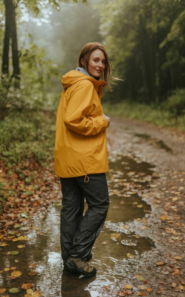Full-body view of a white-skinned female in a bright yellow waterproof jacket, black waterproof pants, and waterproof boots. Standing on a muddy trail, looking back over her shoulder, slight smile. Misty morning forest with wet leaves and puddles. Natural lighting with soft reflections, realistic hair movement. Editorial candid photography, soft depth of field.