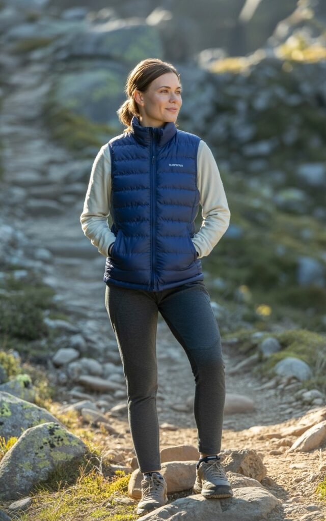 Full-body view of a white-skinned model wearing a navy puffer vest over a cream thermal long sleeve top, dark leggings, and trail sneakers. Standing on a rocky trail, hands in pockets, soft smile, looking off-camera. Sunlight highlighting vest texture and hair. Editorial style, soft depth of field, natural shadows.