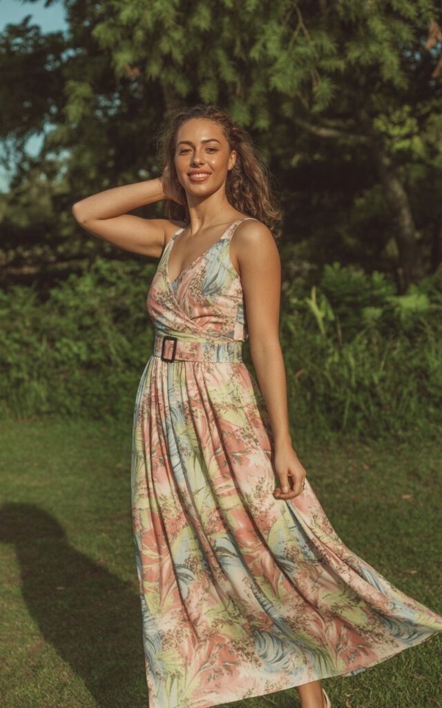 "A natural-looking young curvy woman wearing a printed maxi dress with a defined waistline. Theme: curvy outfits."