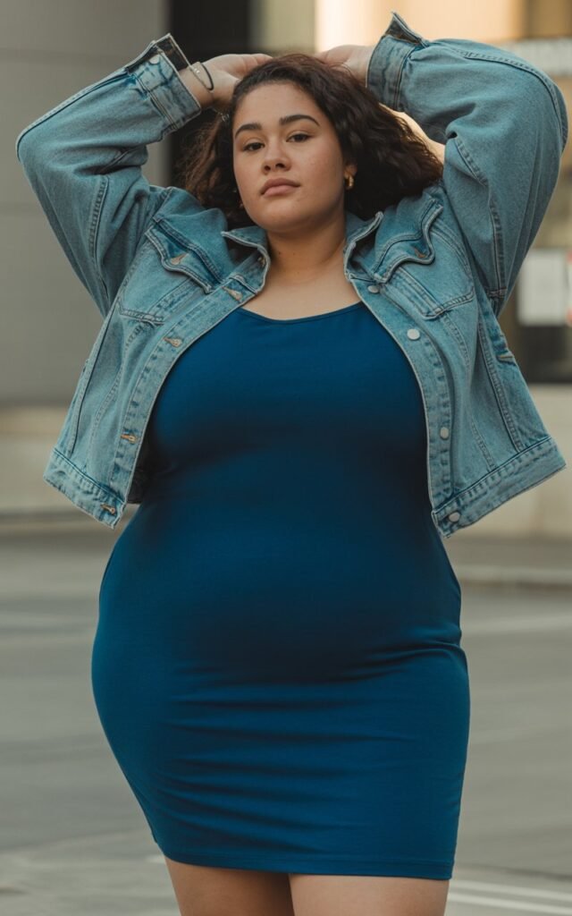 "A natural-looking young curvy woman wearing a denim jacket over a bodycon dress. Theme: curvy outfits."