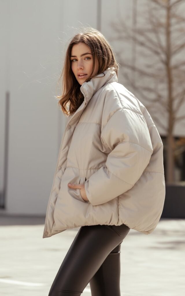 A natural-looking young woman wearing an oversized puffer jacket with leather leggings. Theme: winter fashion outfits