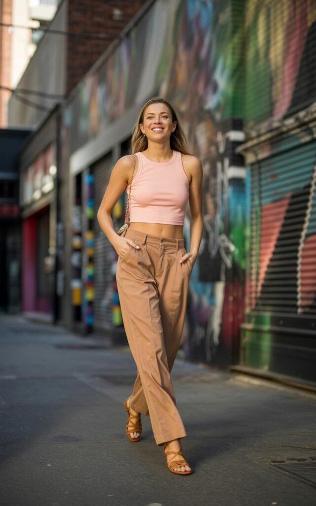 Full-body realistic model wearing pastel pink crop top, high-waisted wide-leg pants in neutral tone, and strappy sandals. Urban street with painted murals and sidewalks. Afternoon natural light casting soft shadows. Model walking casually, one hand in pocket, smiling naturally. Shot in editorial street-style manner, 50mm lens, subtle depth of field.